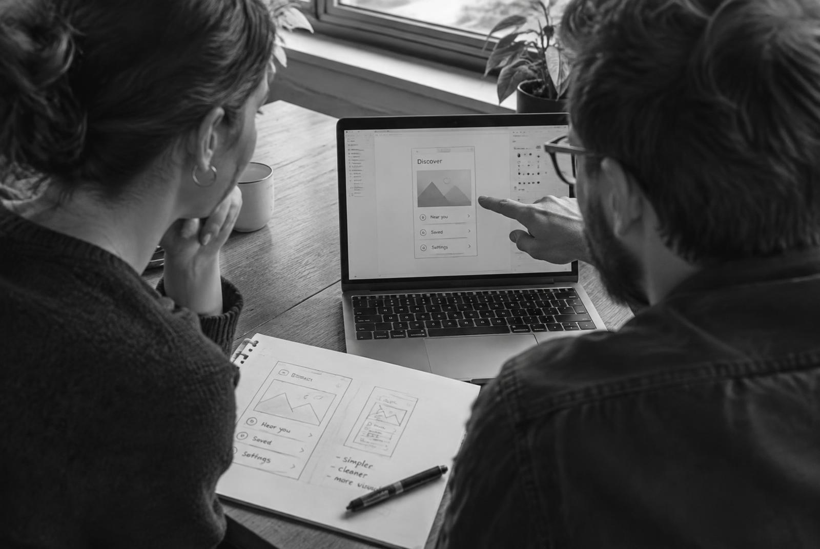 Två personer testar en prototyp på en laptop